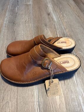 Born Women’s Brown Leather Slip-On Clogs with Buckle